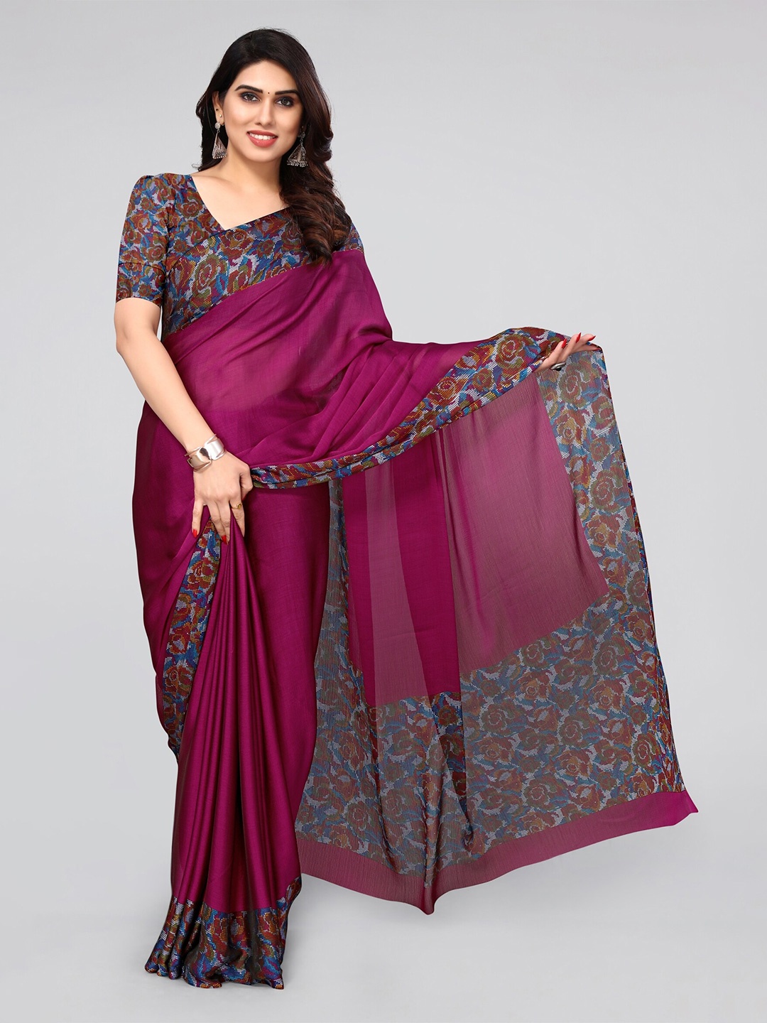 

MIRCHI FASHION Magenta & Blue Floral Printed Saree