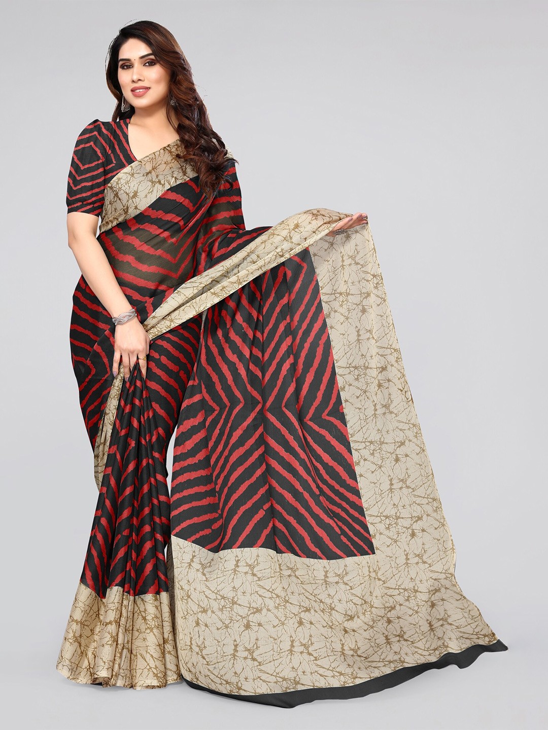 

MIRCHI FASHION Black & Red Leheriya Printed Saree
