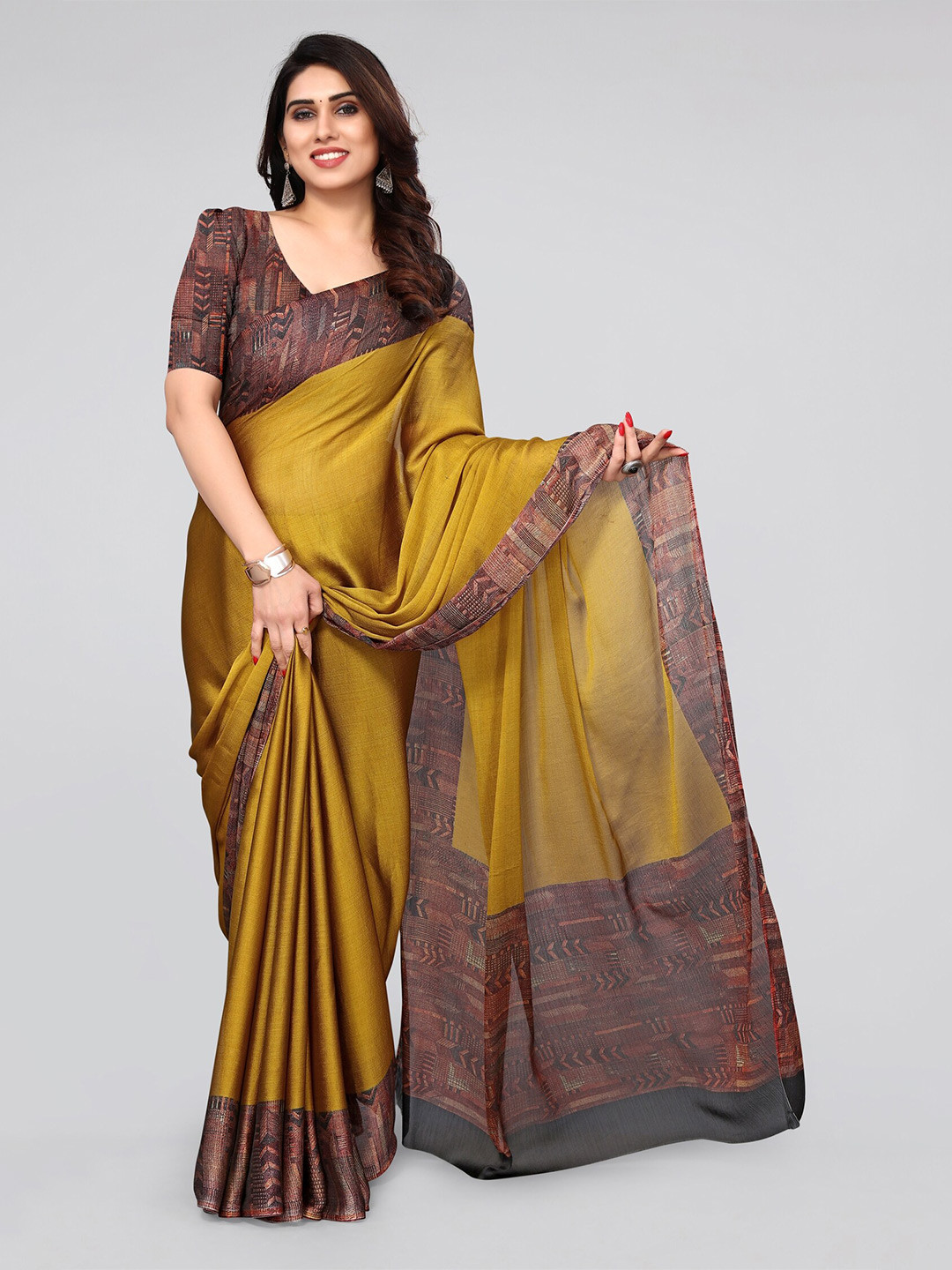 

MIRCHI FASHION Mustard & Orange Abstract Printed Saree
