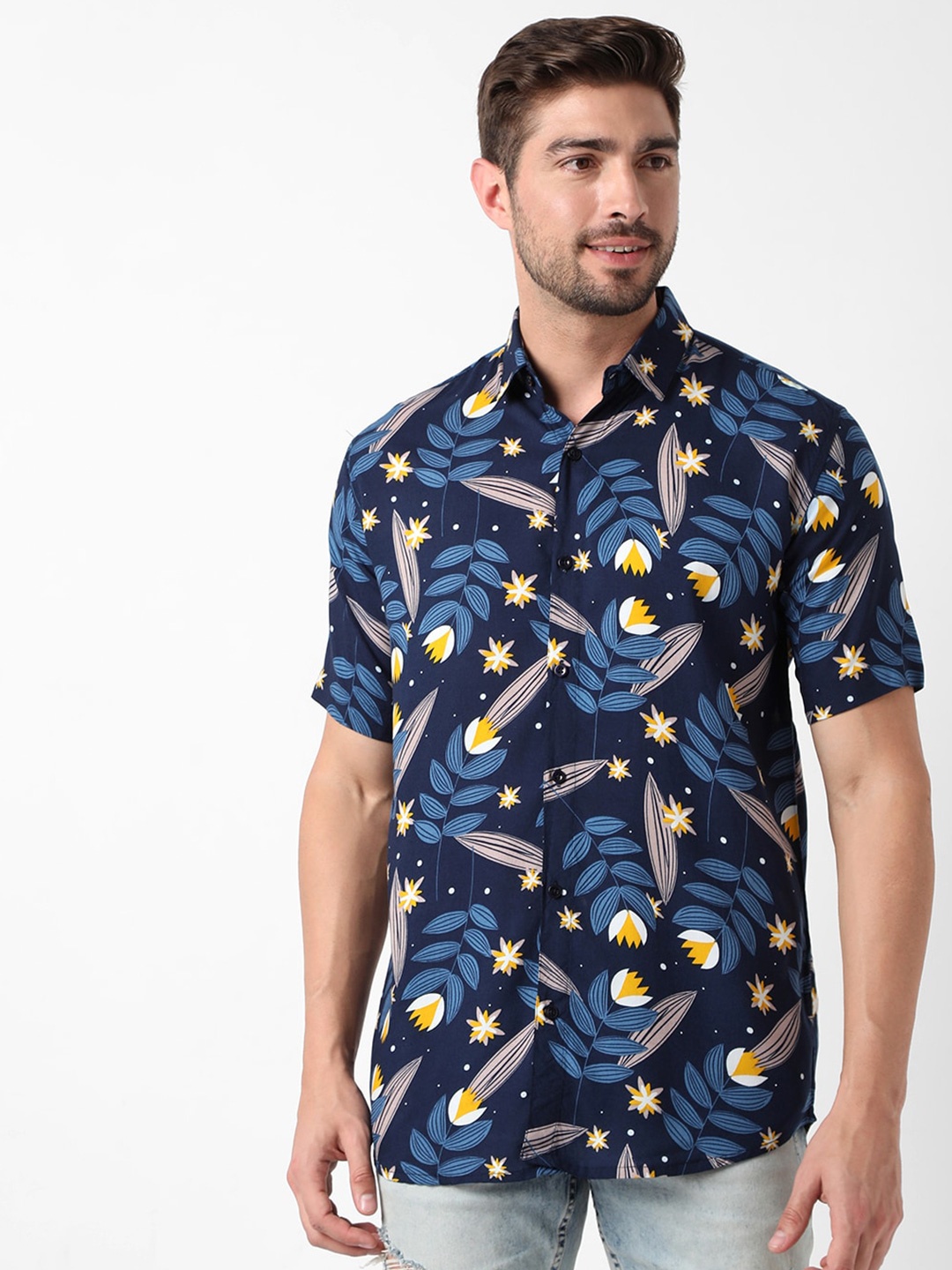 

7Shores Classic Floral Printed Casual Shirt, Navy blue