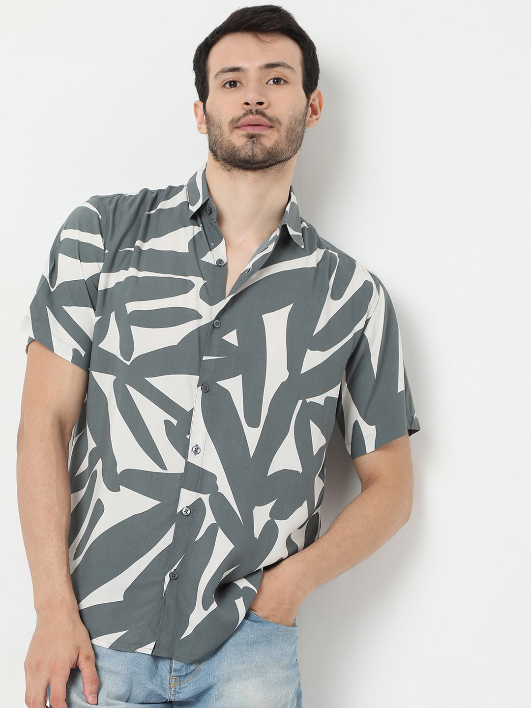 

7Shores Abstract Printed Classic Casual Shirt, Grey