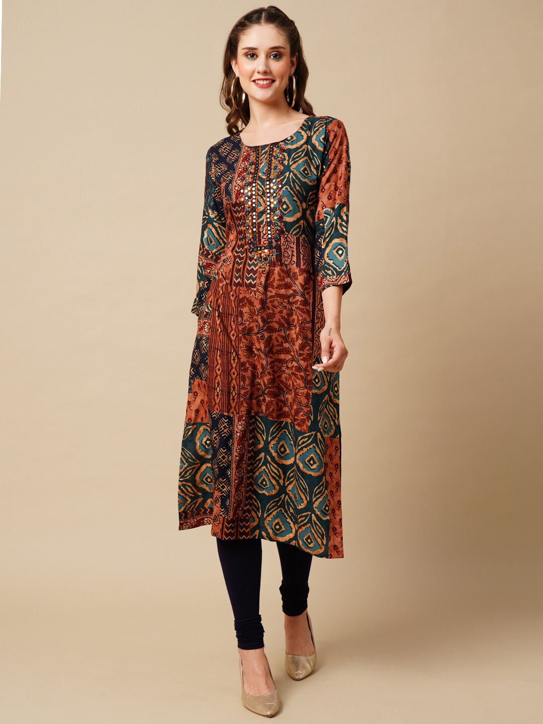 

FASHOR Brown Ethnic Motifs Printed Mirror Work Kurta