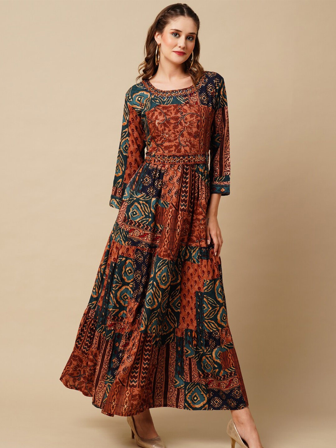 

FASHOR Maroon & Blue Floral Printed Maxi Ethnic Dresses, Brown