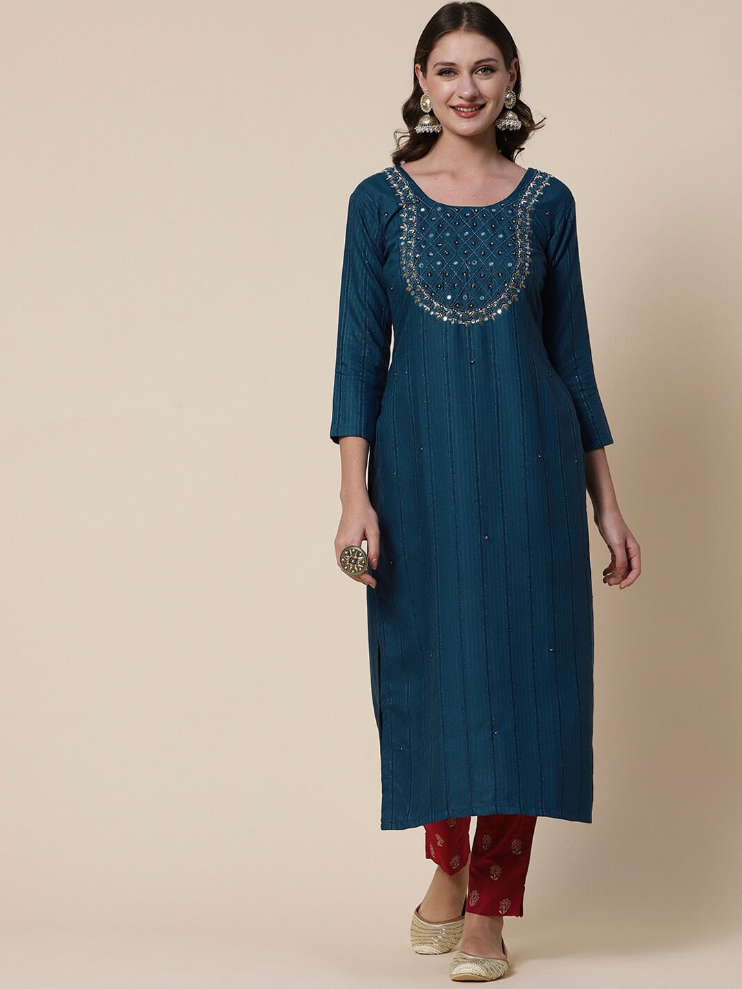 

FASHOR Teal Yoke Embroidered Mirror Work Kurta