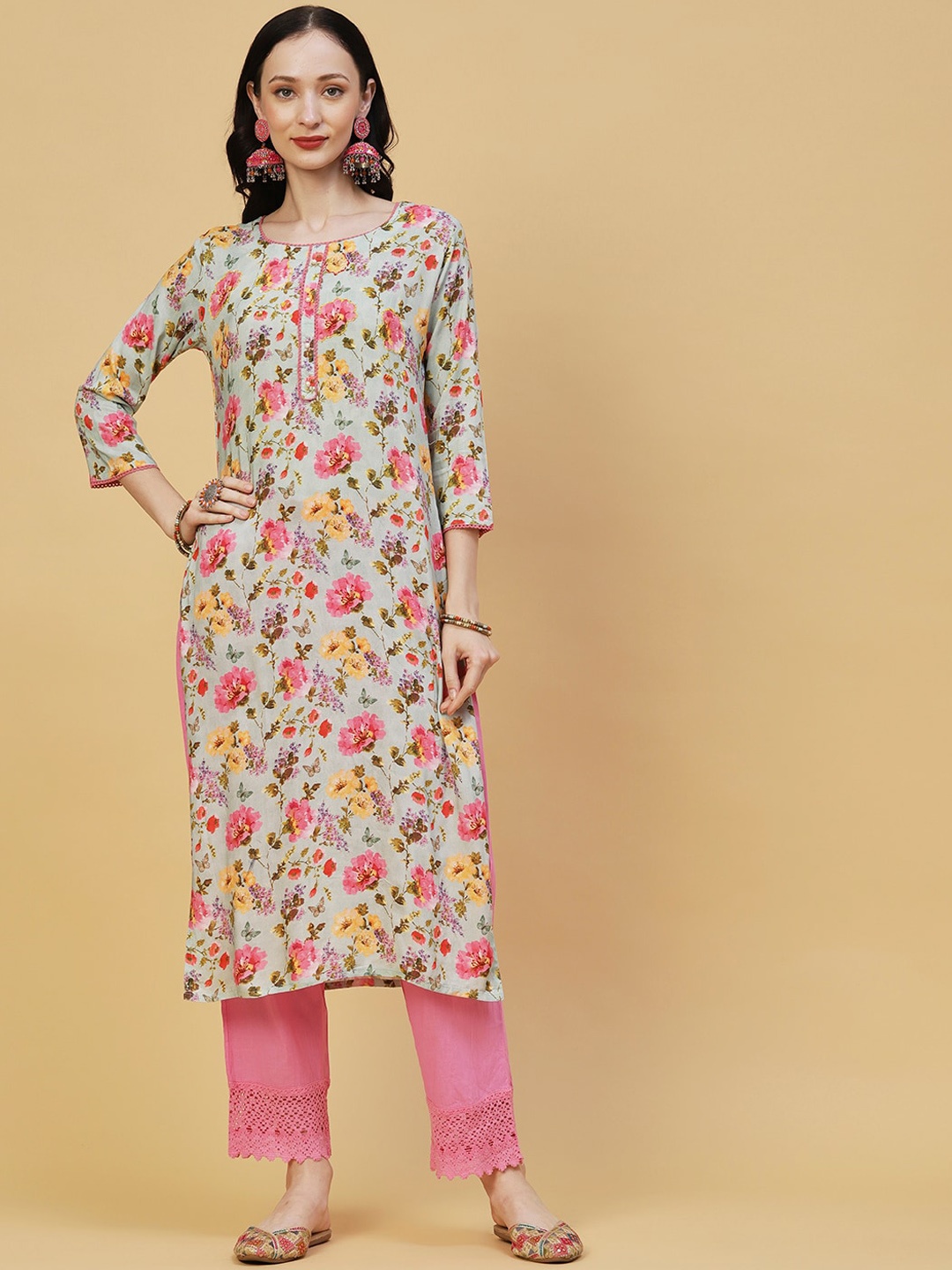 

FASHOR Green Floral Printed Thread Work Kurta