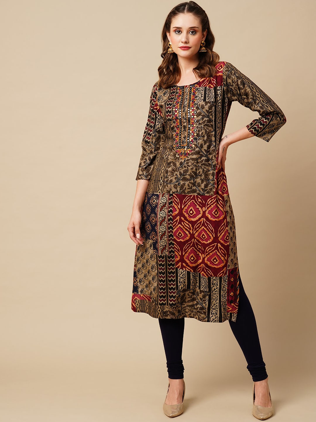 

FASHOR Brown Ethnic Motifs Printed Mirror Work Kurta