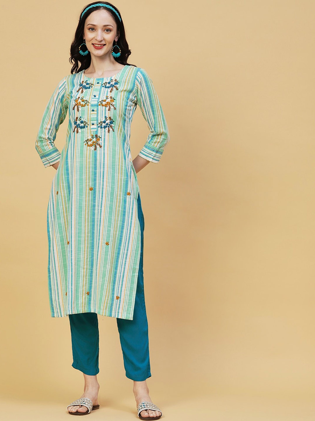 

FASHOR Green Striped Thread Work Pure Cotton Kurta