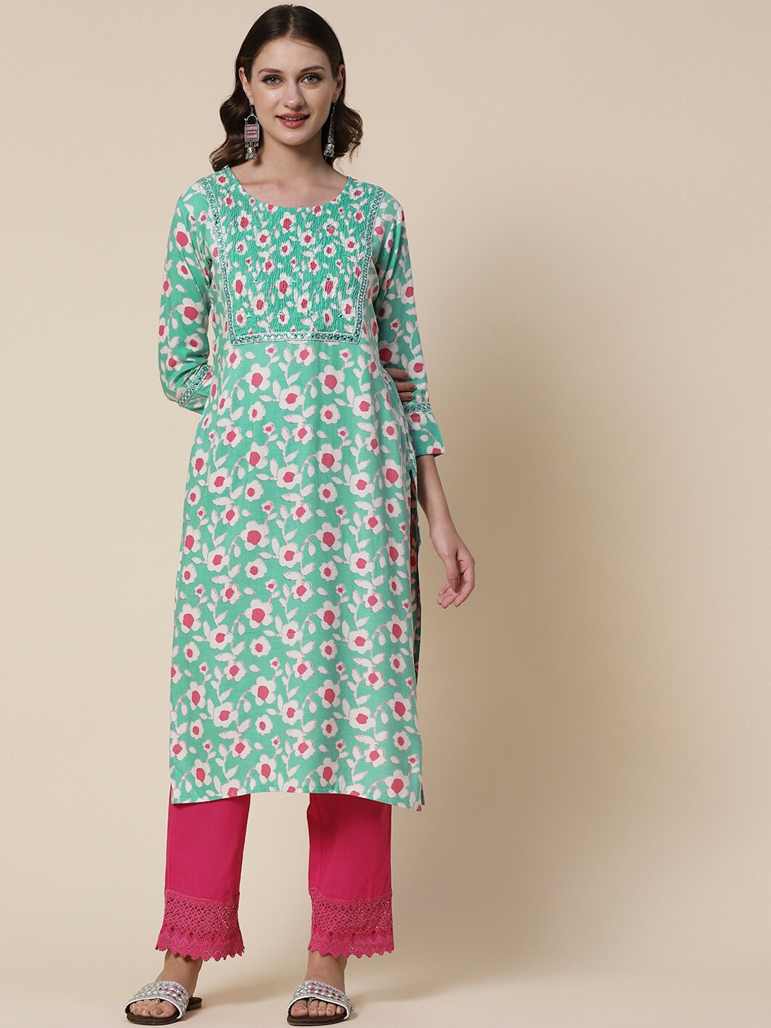

FASHOR Green Floral Printed Mirror Work Kurta, Sea green