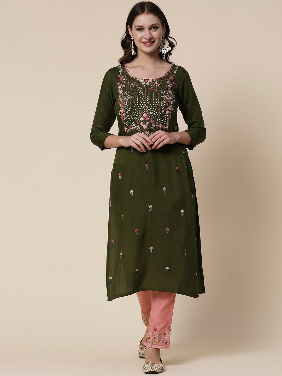 

FASHOR Olive Green Floral Embroidered Sequinned Kurta