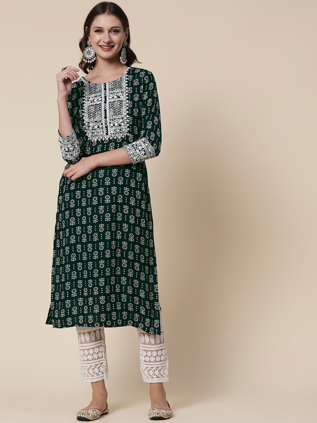 

FASHOR Blue Ethnic Motifs Printed Thread Work Kurta, Navy blue