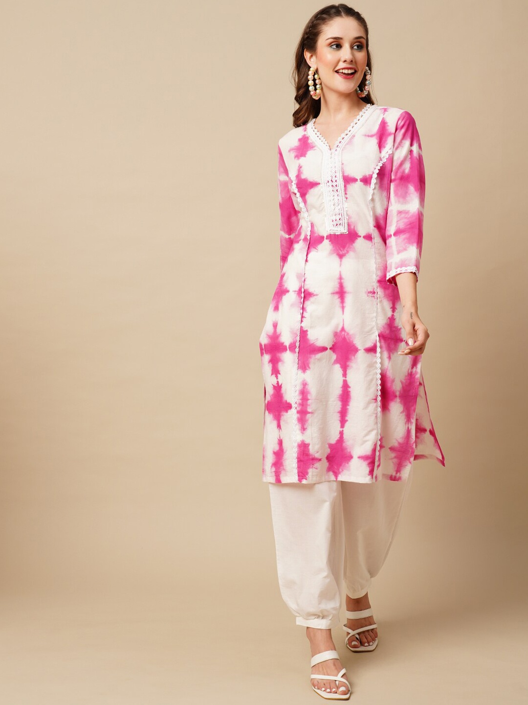 

FASHOR Pink Dyed Panelled Sequinned Pure Cotton Kurta with Salwar