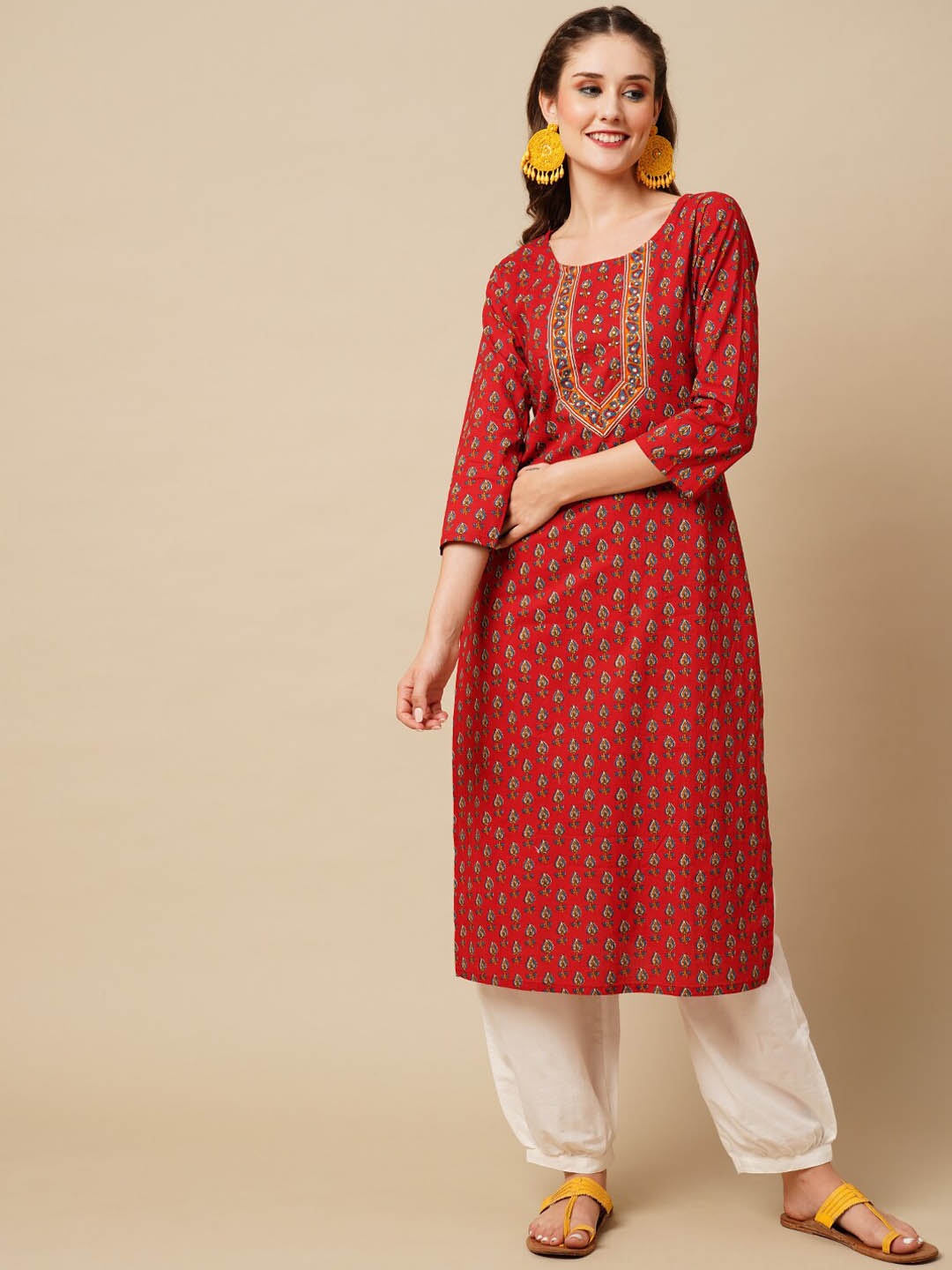 

FASHOR Maroon Ethnic Motifs Printed Pure Cotton Sequinned Pure Cotton Straight Kurta