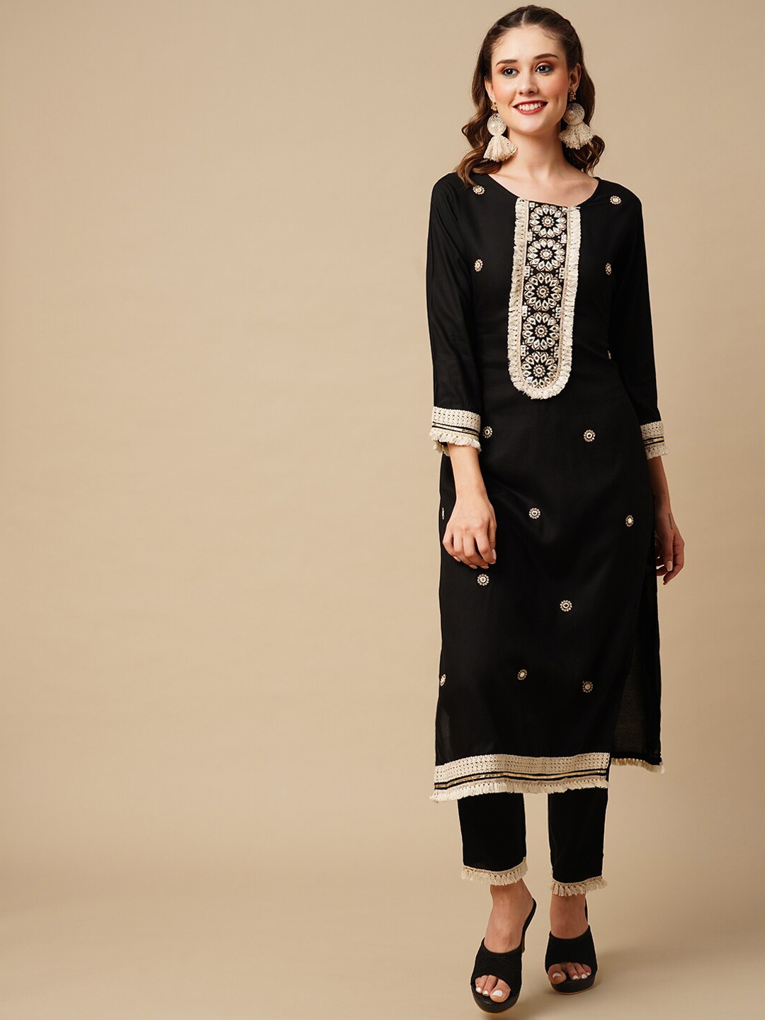 

FASHOR Black Embroidered Mirror Work Kurta with Trousers