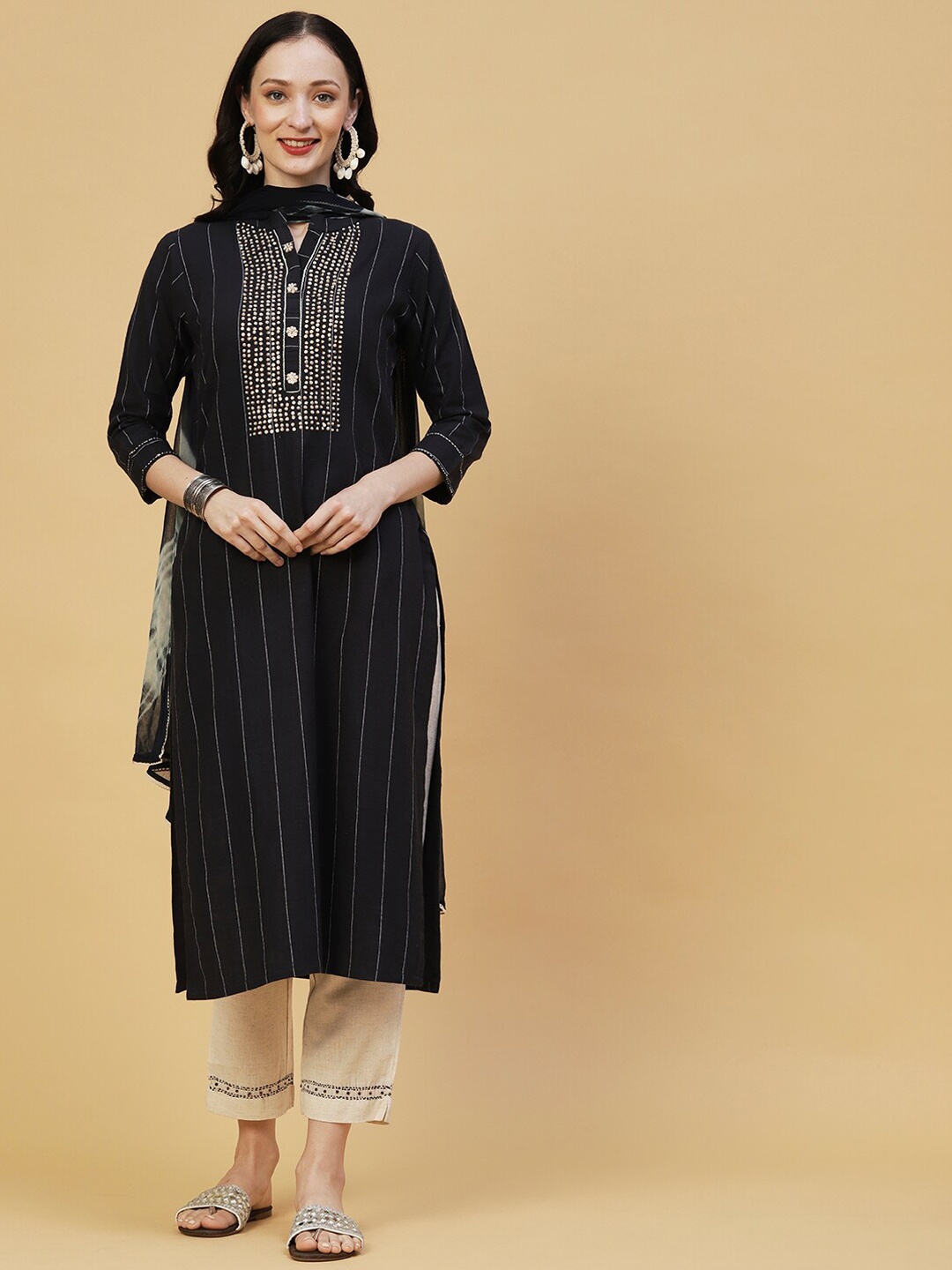 

FASHOR Black Striped Sequinned Pure Cotton Kurta with Trousers & Dupatta