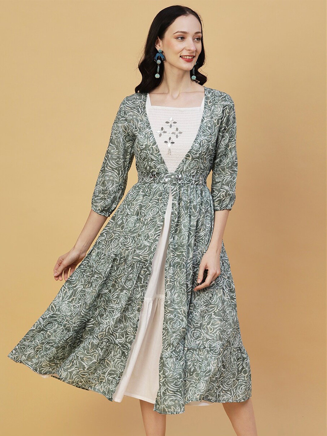 

FASHOR White & Olive Green Abstract Print Fit & Flare Midi Dress