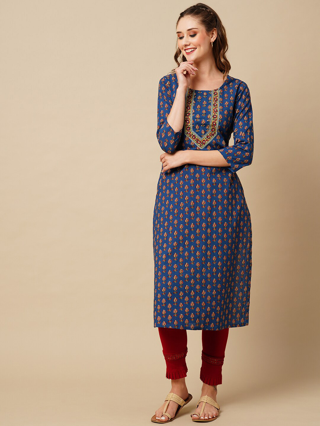 

FASHOR Blue Ethnic Motifs Printed Sequinned Pure Cotton Straight Kurta
