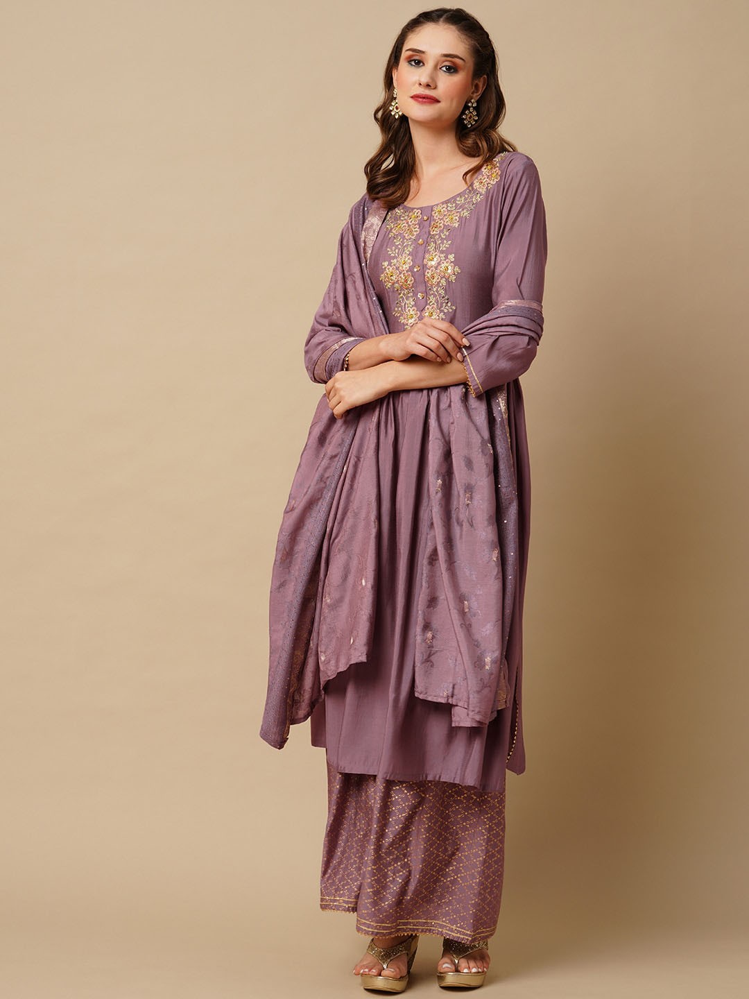 

FASHOR Purple Floral Embroidered Pleated Kurta with Sharara & Dupatta