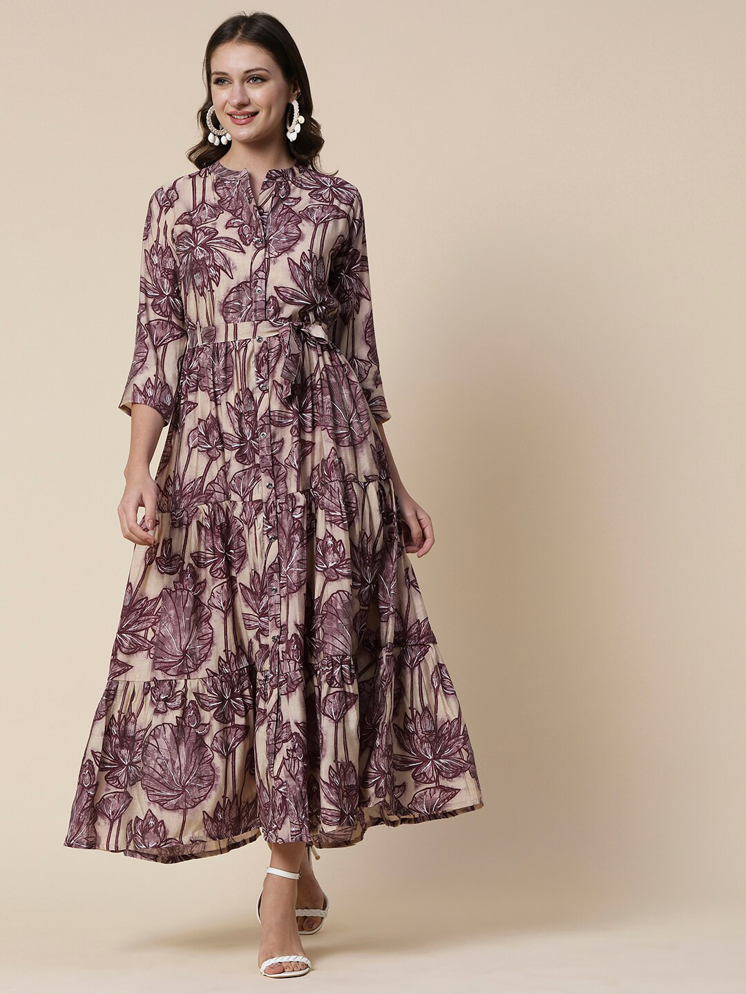 

FASHOR Mauve Floral Printed Tiered Waist Tie-Up Maxi Dress