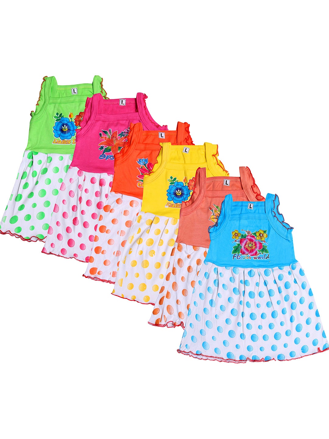

KIFAYATI BAZAR Pack of 6 Polka Dot Print Cotton A-Line Dress, Green