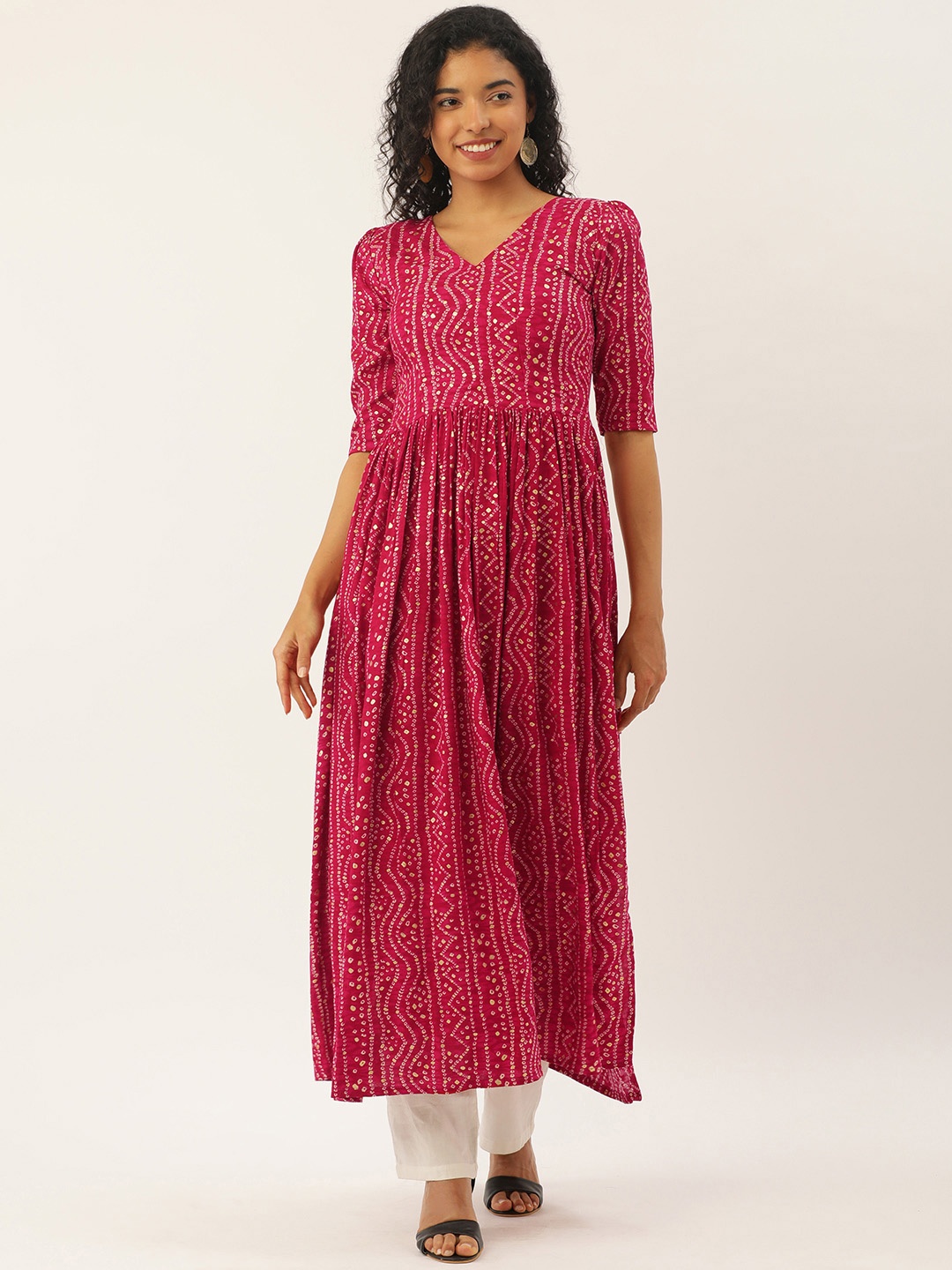 

LOOKNBOOK ART Bandhani Foil Printed Puff Sleeves Kurta, Pink