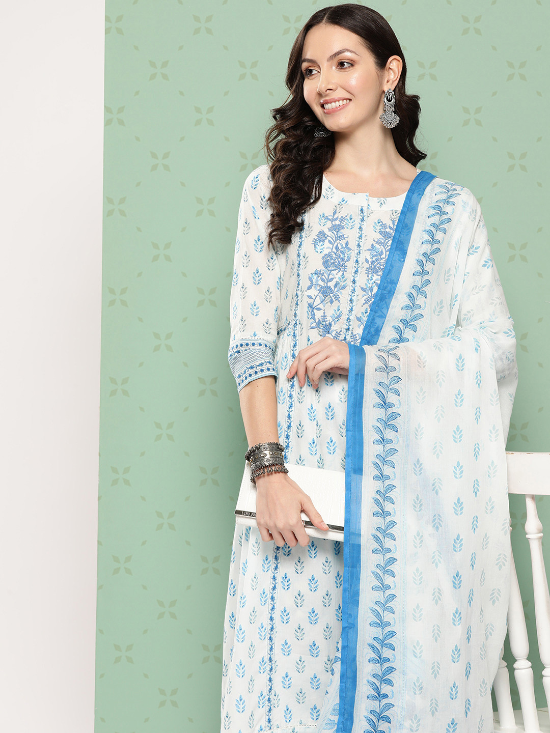 

Yufta Women Floral Printed Regular Pure Cotton Kurta with Trousers & Dupatta, White
