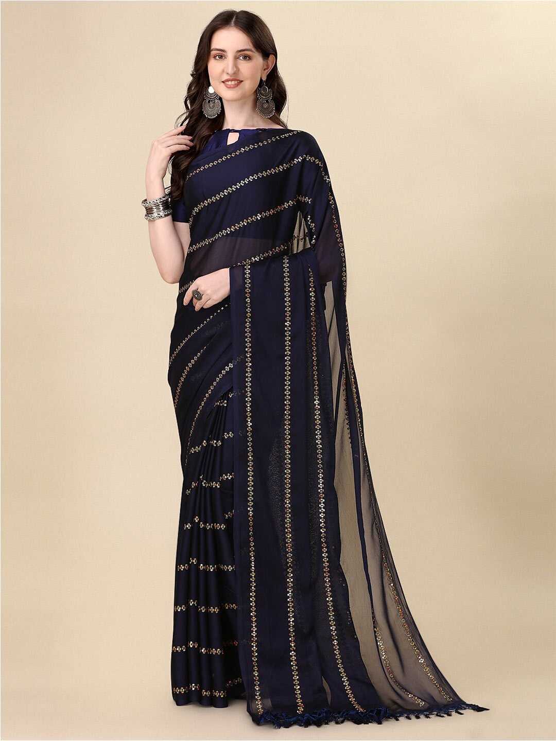 

KALINI Sequin Embellished Saree, Navy blue