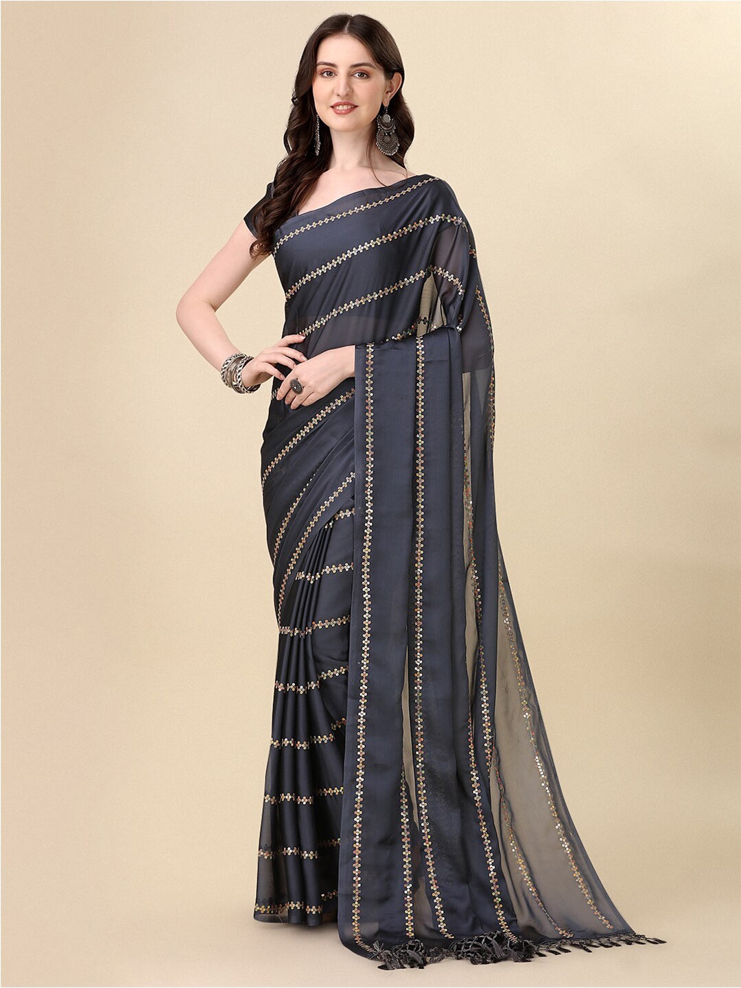 

KALINI Sequin Embellished Saree, Grey