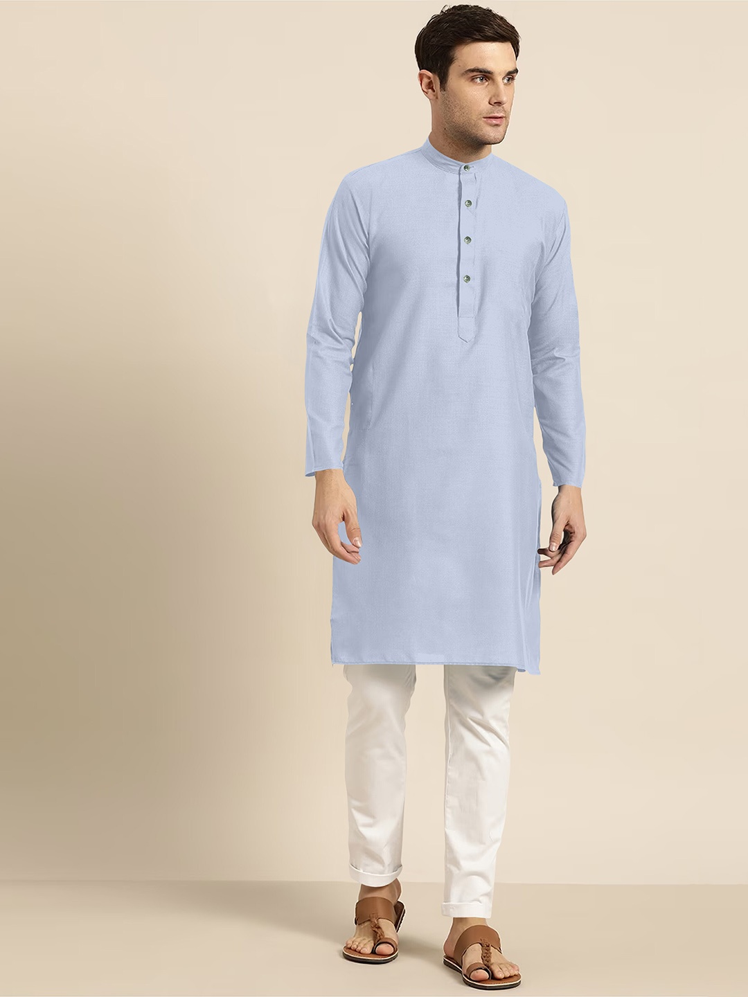 

Shiv Leela Band Collar Regular Pure Cotton Kurta With Pyjamas, Blue