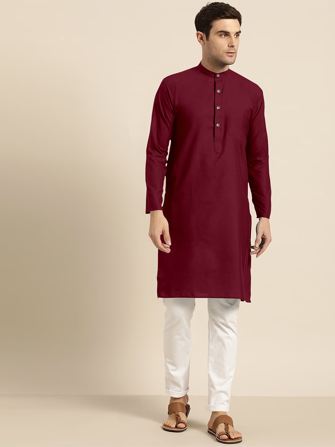 

Shiv Leela Band Collar Regular Pure Cotton Kurta With Pyjamas, Maroon