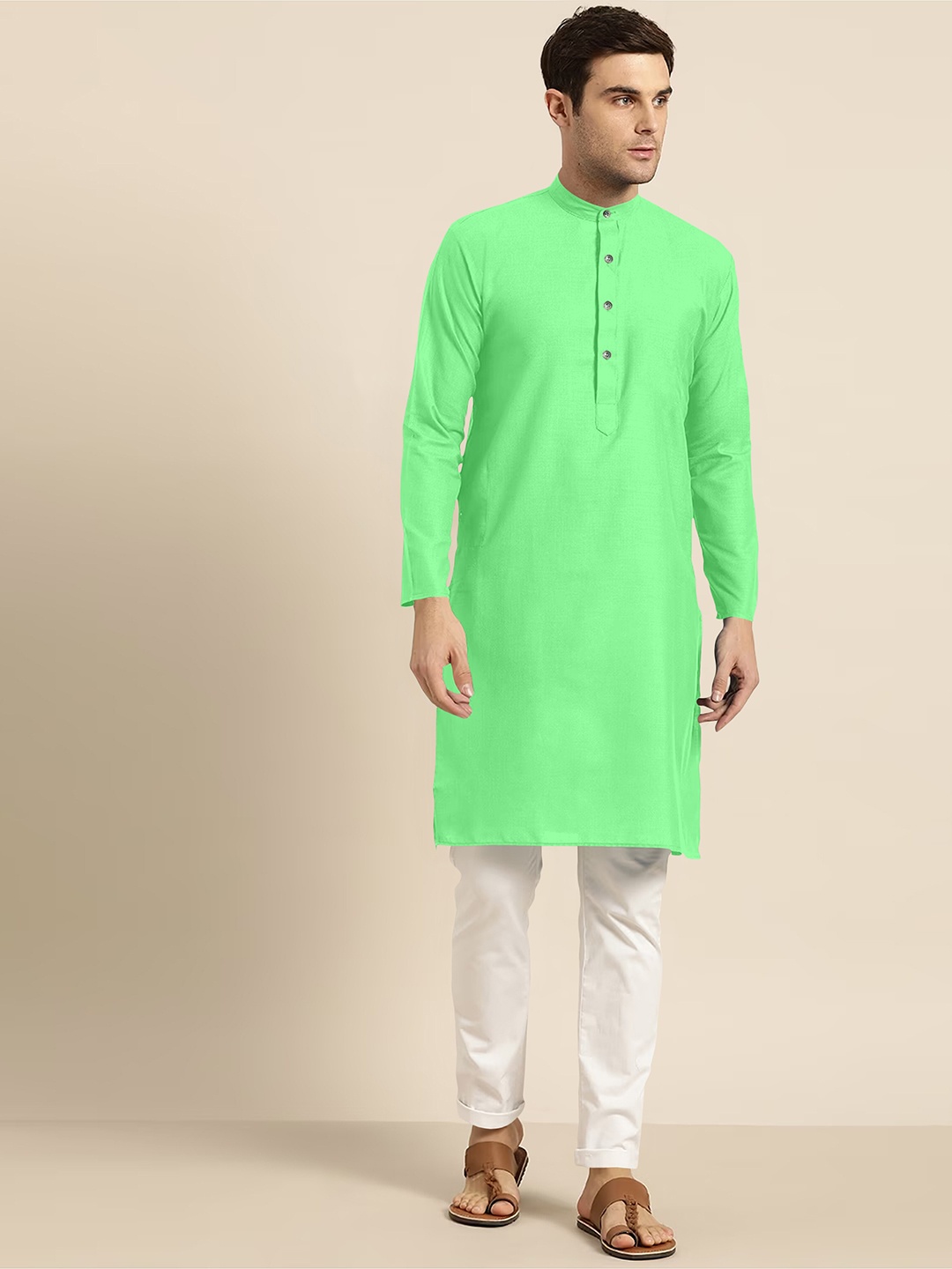

Shiv Leela Band Collar Regular Pure Cotton Kurta With Pyjamas, Green