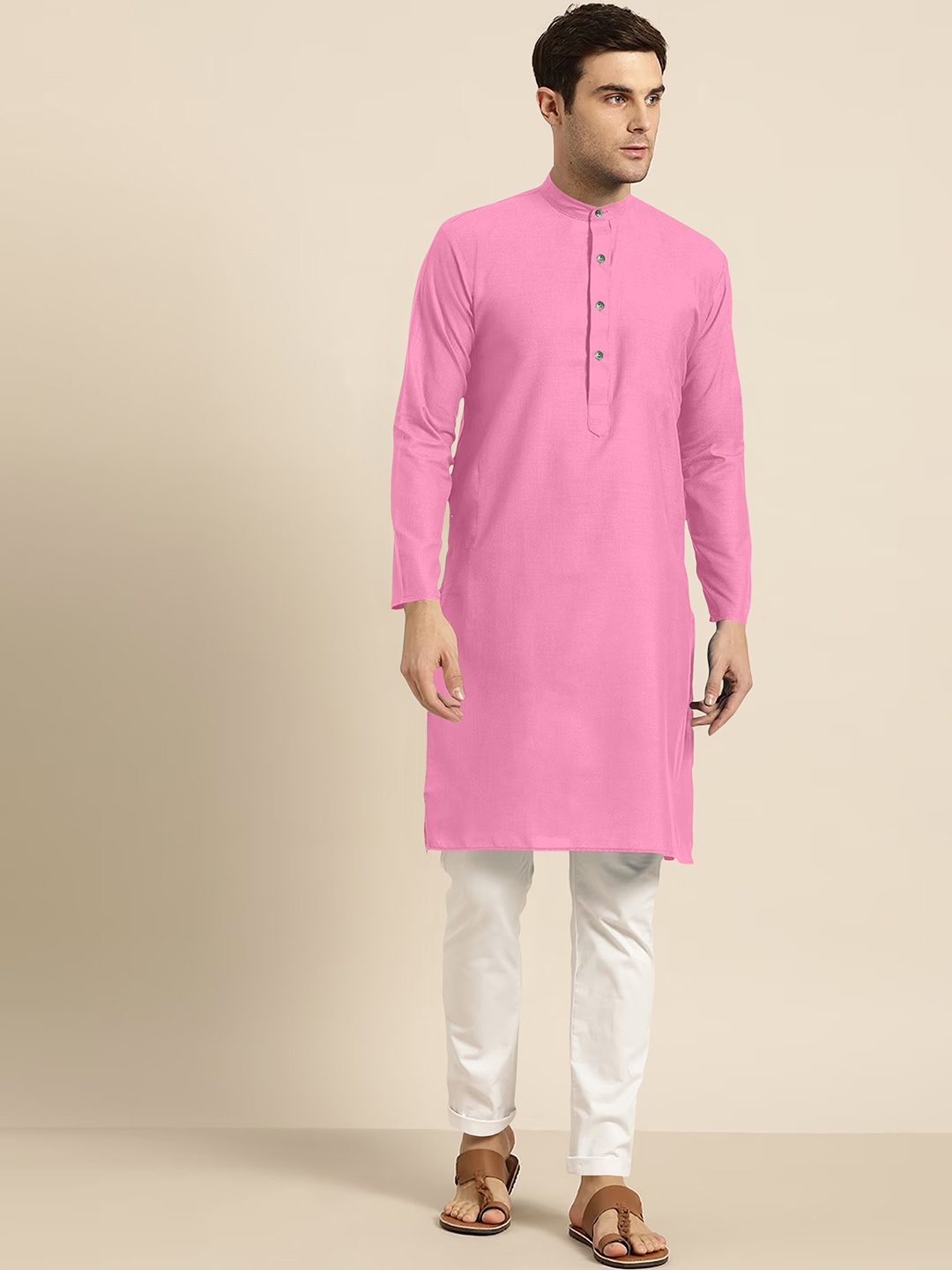 

Shiv Leela Band Collar Regular Pure Cotton Kurta With Pyjamas, Pink