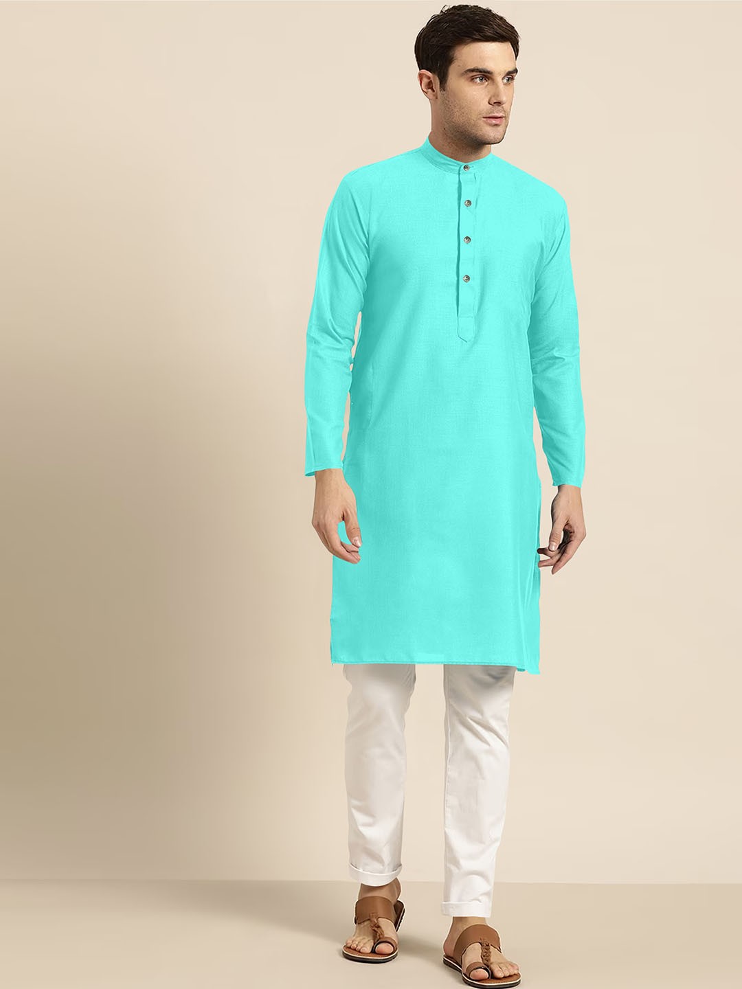 

Shiv Leela Regular Pure Cotton Kurta with Pyjamas, Turquoise blue