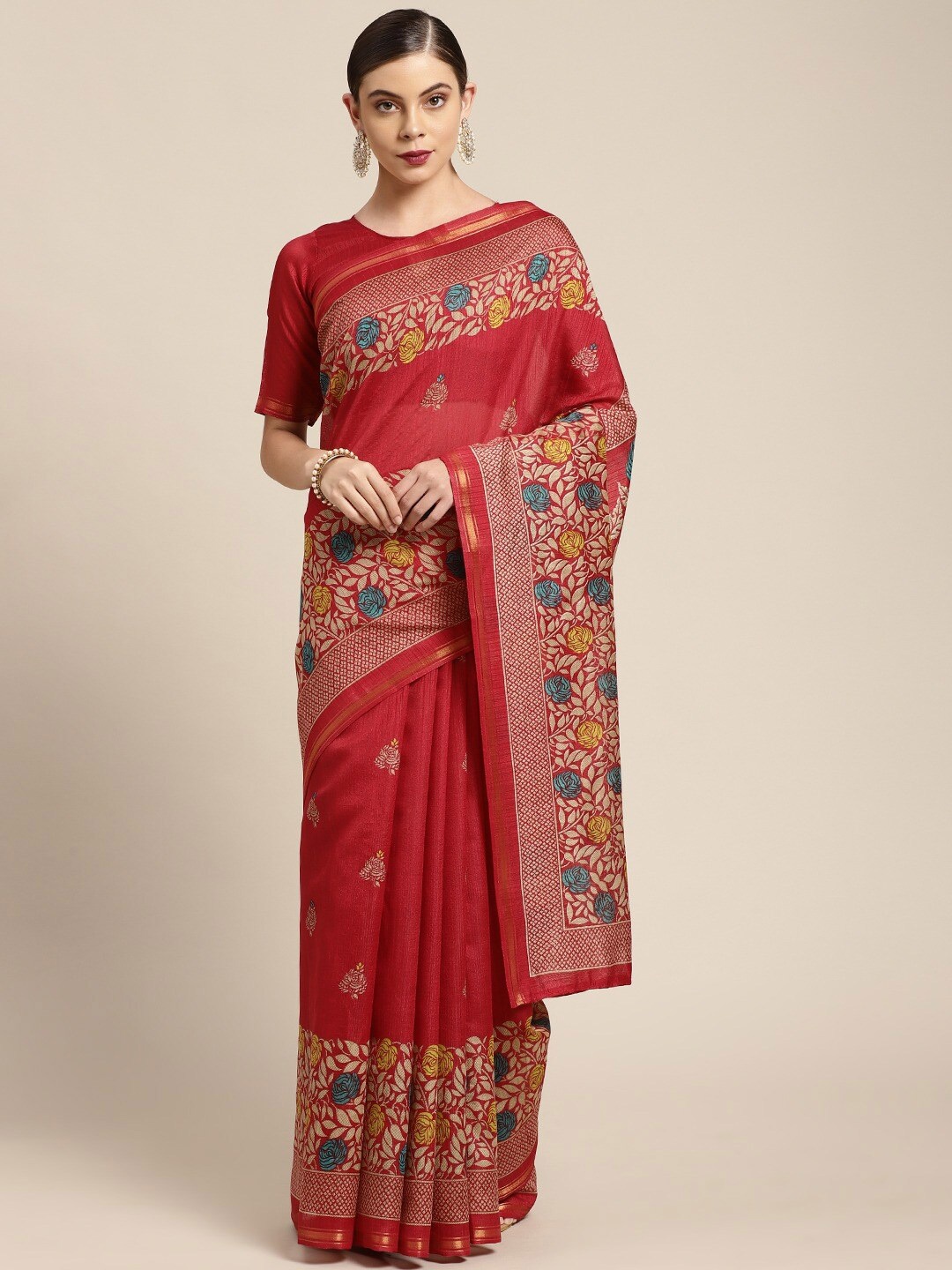 

KALINI Floral Printed Zari Saree, Red