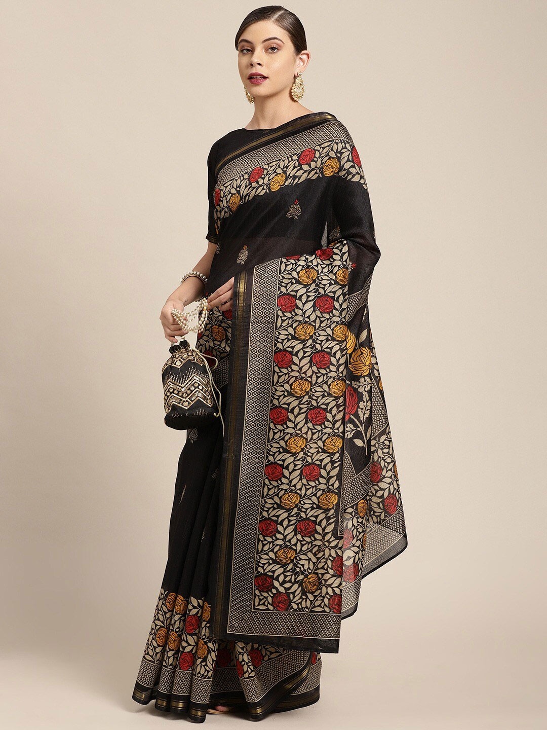

KALINI Floral Printed Zari Saree, Black