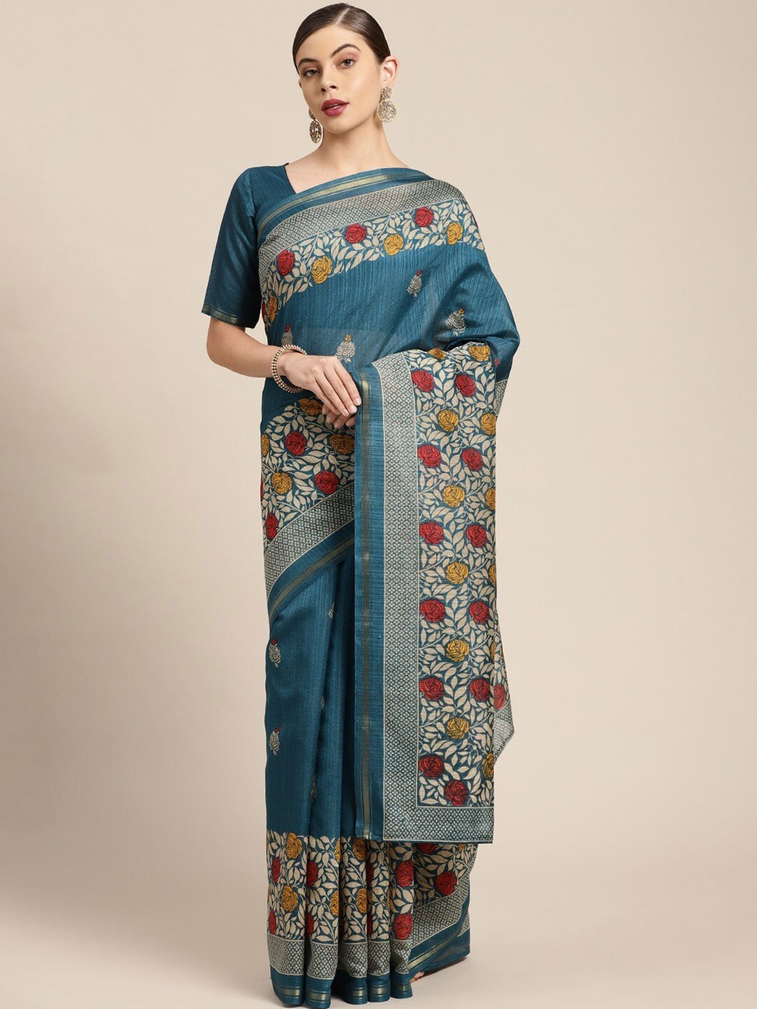 

KALINI Floral Printed Zari Saree, Teal