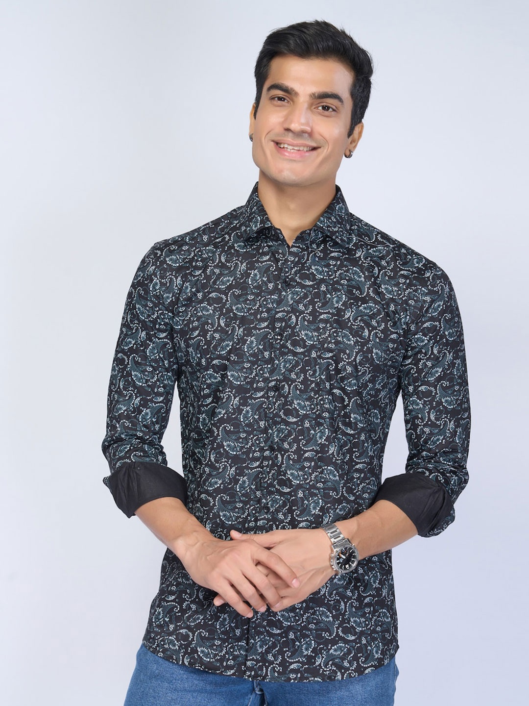 

MARK & ALBERT Slim Fit Paisley Printed Cotton Casual Shirt, Black