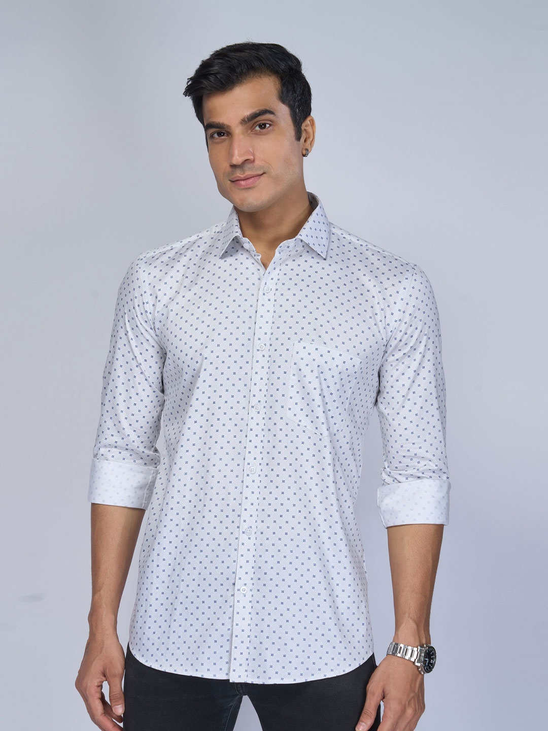 

MARK & ALBERT Slim Fit Micro Ditsy Printed Cotton Casual Shirt, White