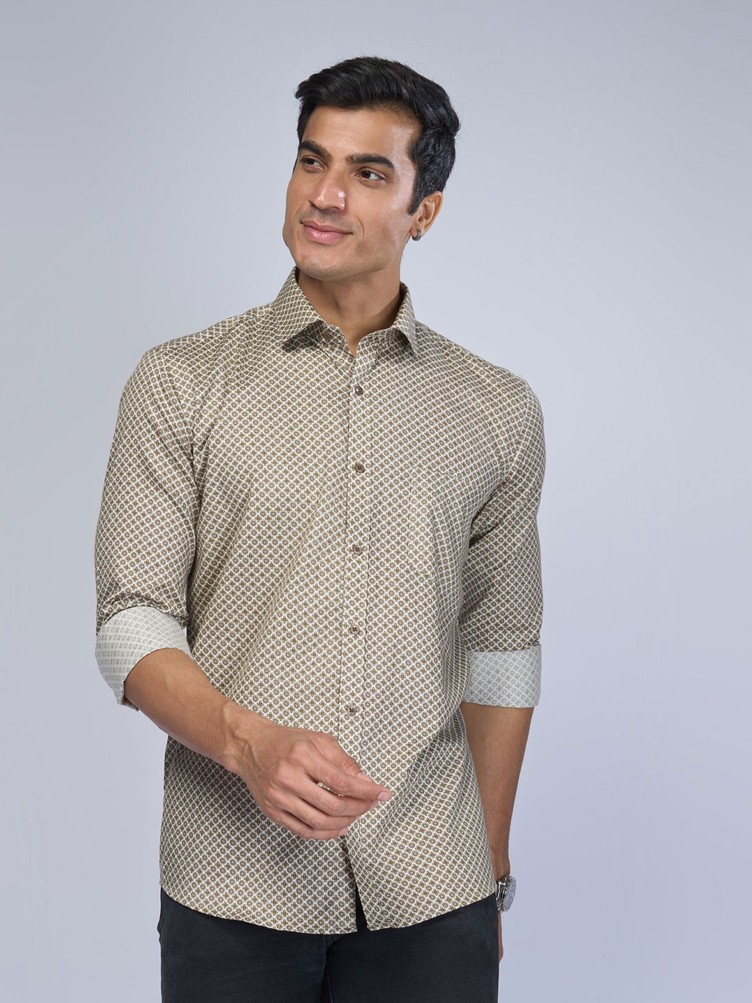 

MARK & ALBERT Slim Fit Micro Ditsy Printed Cotton Casual Shirt, Beige