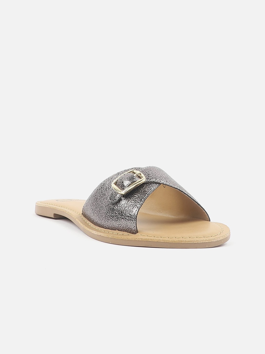 

Carlton London Textured Buckled Open Toe Flats, Metallic