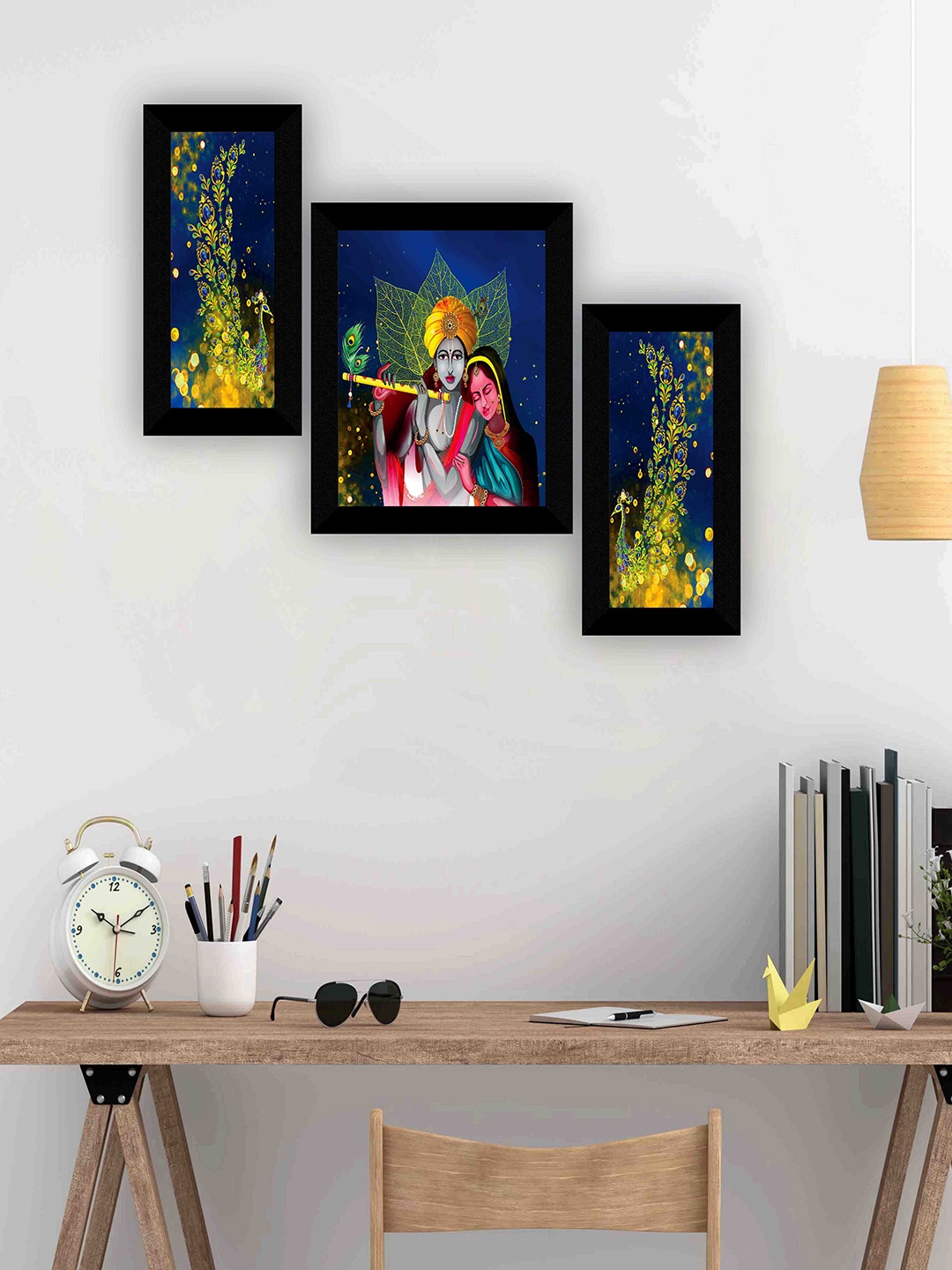 

SAF Navy Blue & Yellow 3 Pieces Lord Radha Krishna Wall Art
