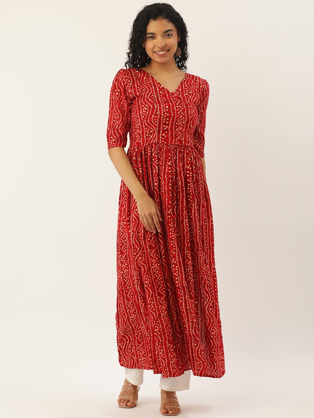 

LOOKNBOOK ART Bandhani Foil Printed Puff Sleeves Kurta, Red