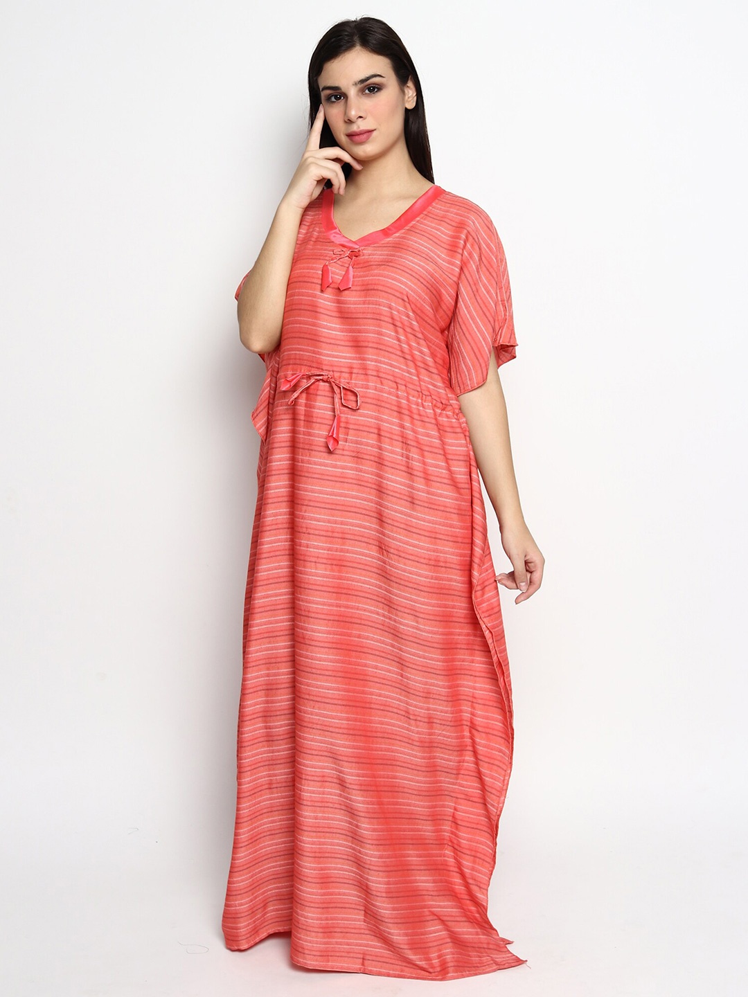 

Noty Striped Kaftan Maxi Nightdress, Peach