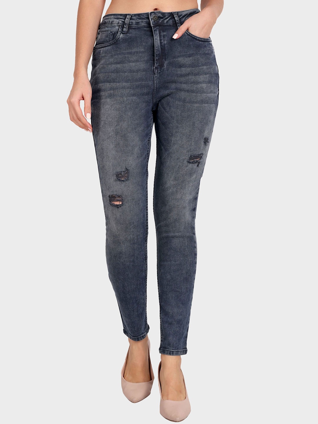 

Mast & Harbour Women Grey Skinny Fit Mildly Distressed Heavy Fade Stretchable Jeans