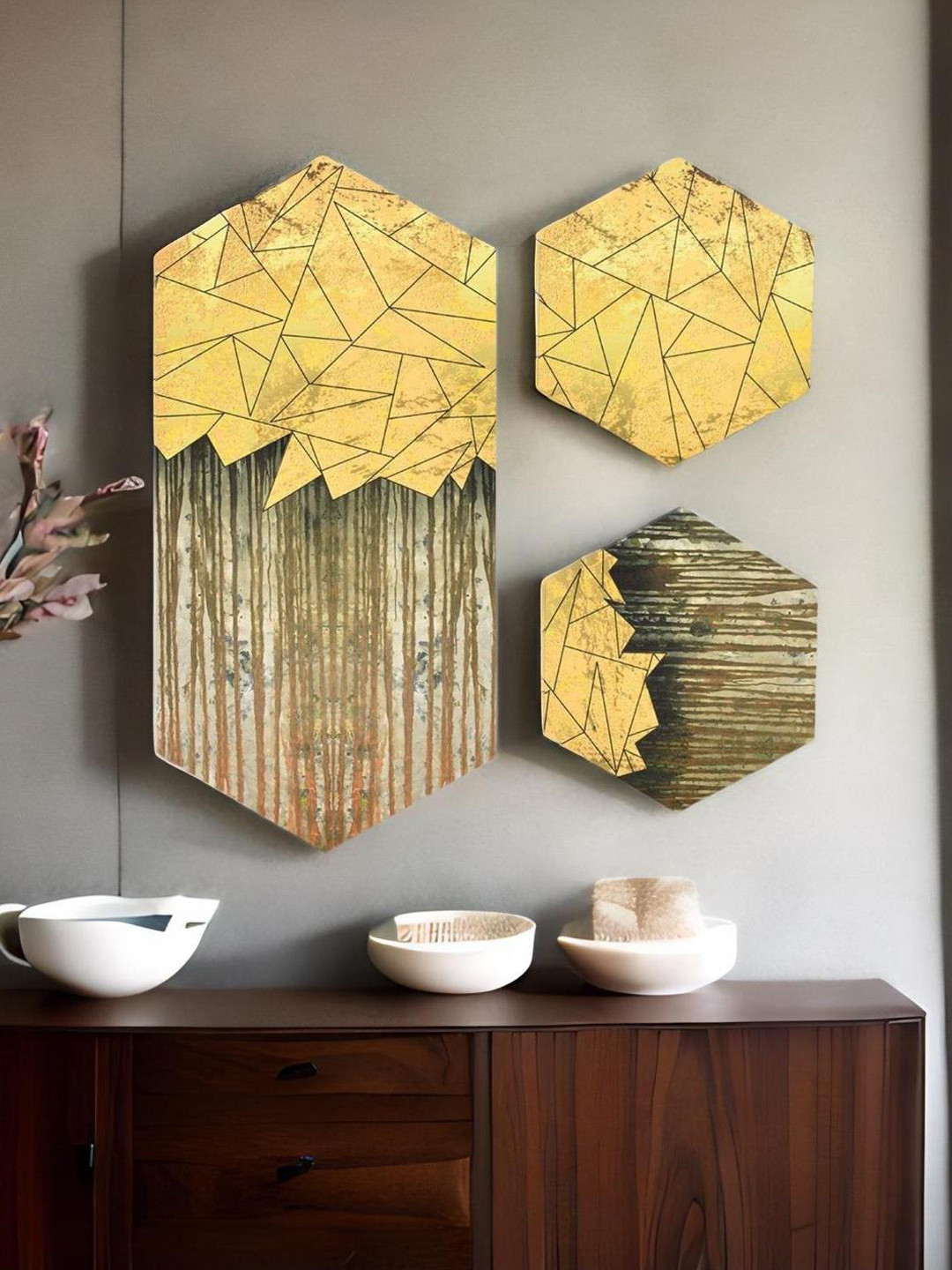 

Athome by Nilkamal Gold Toned 3 Pcs Mirage Hexagonal Paintings Framed Wall Art