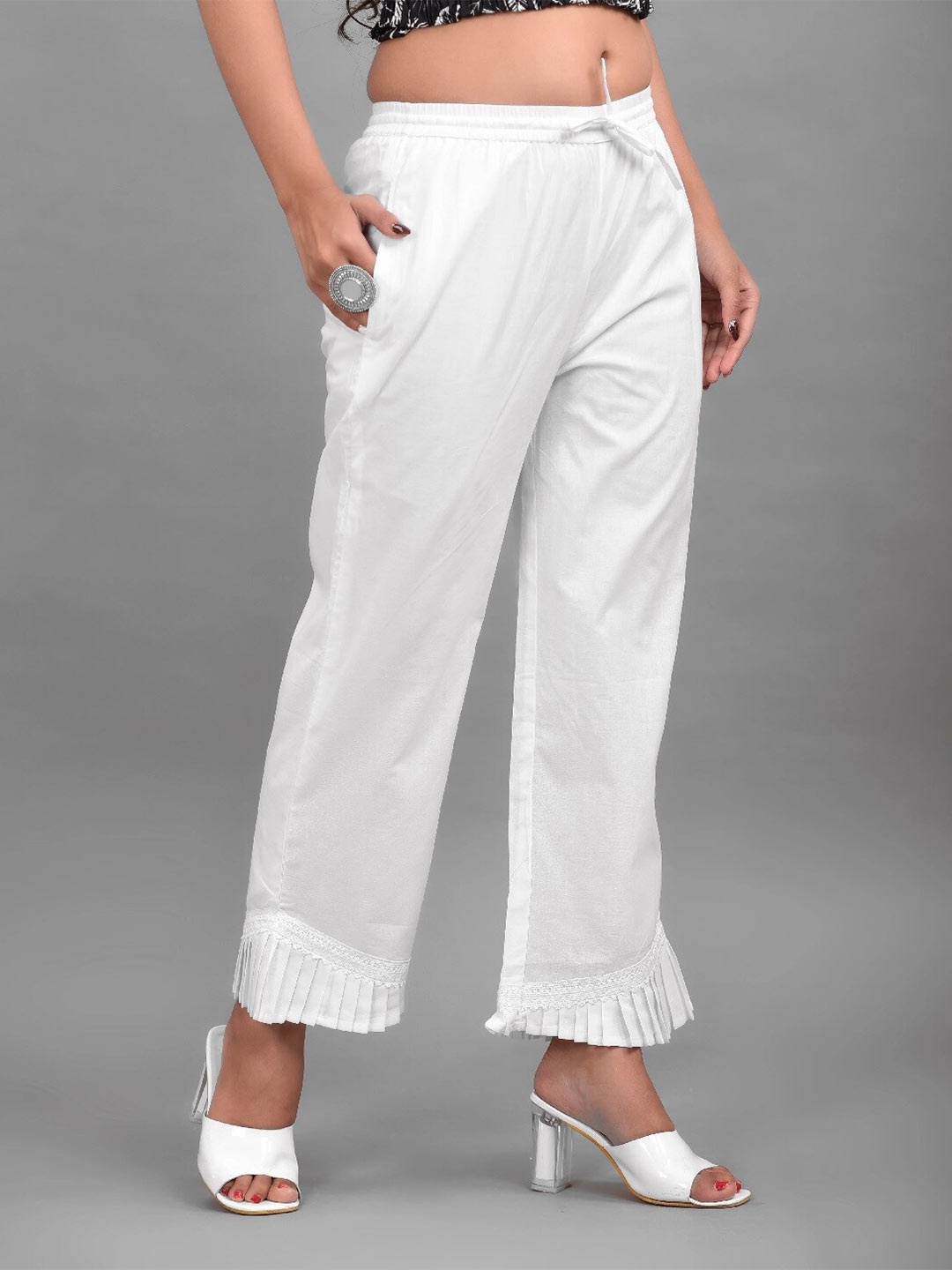 

Hatheli Women Straight Fit Woven Cotton Palazzos, White