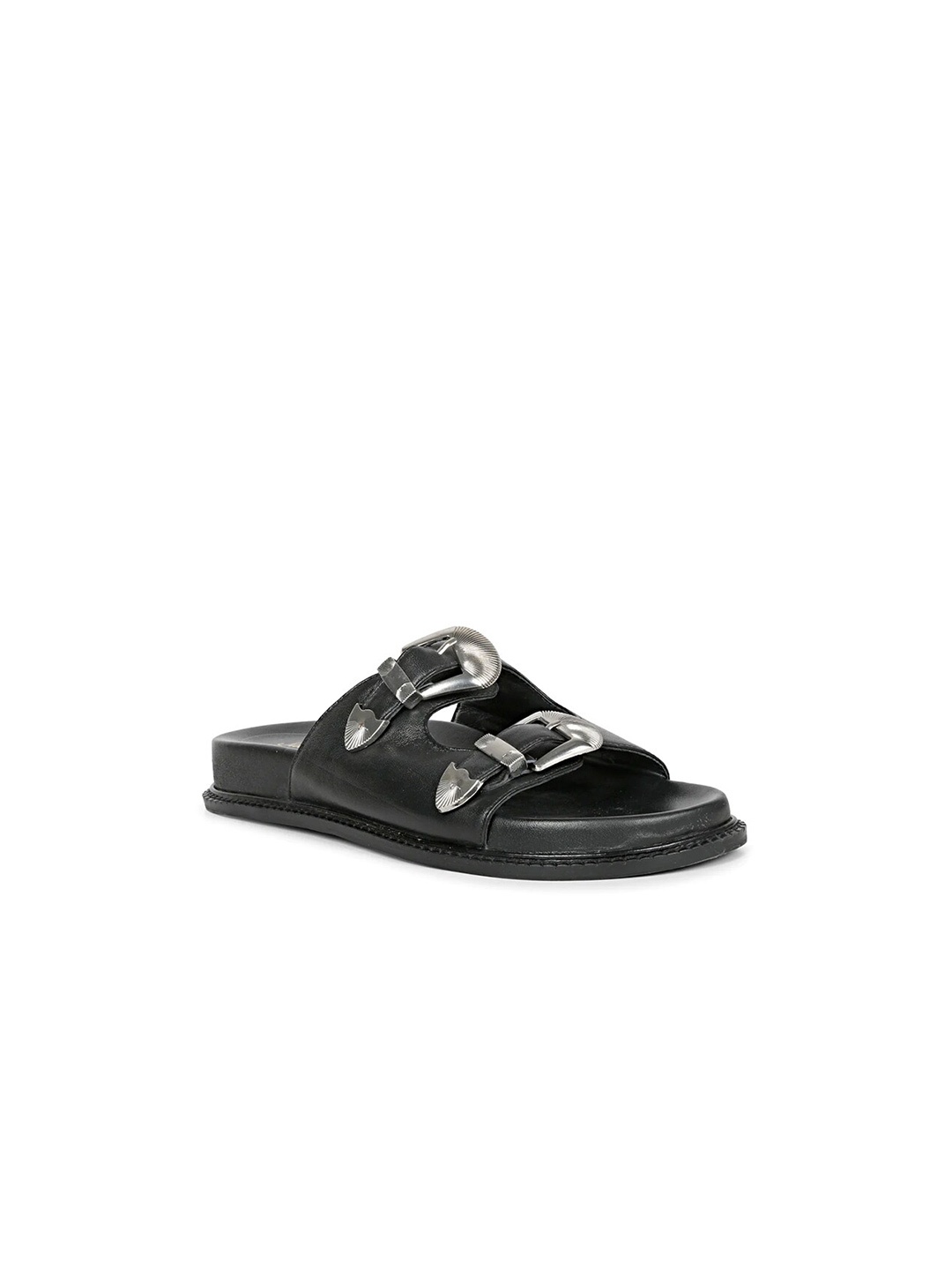 

Saint G Women Two Strap Open Toe Flats With Buckles, Black