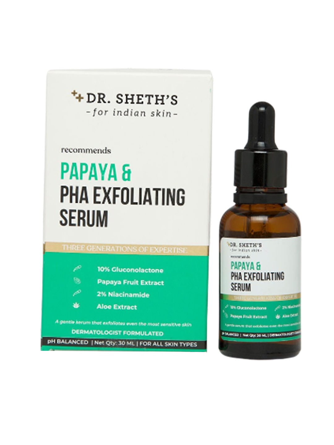 

DR. SHETHS Papaya & PHA Exfoliating Serum with Aloe Extract - 30 ml, White