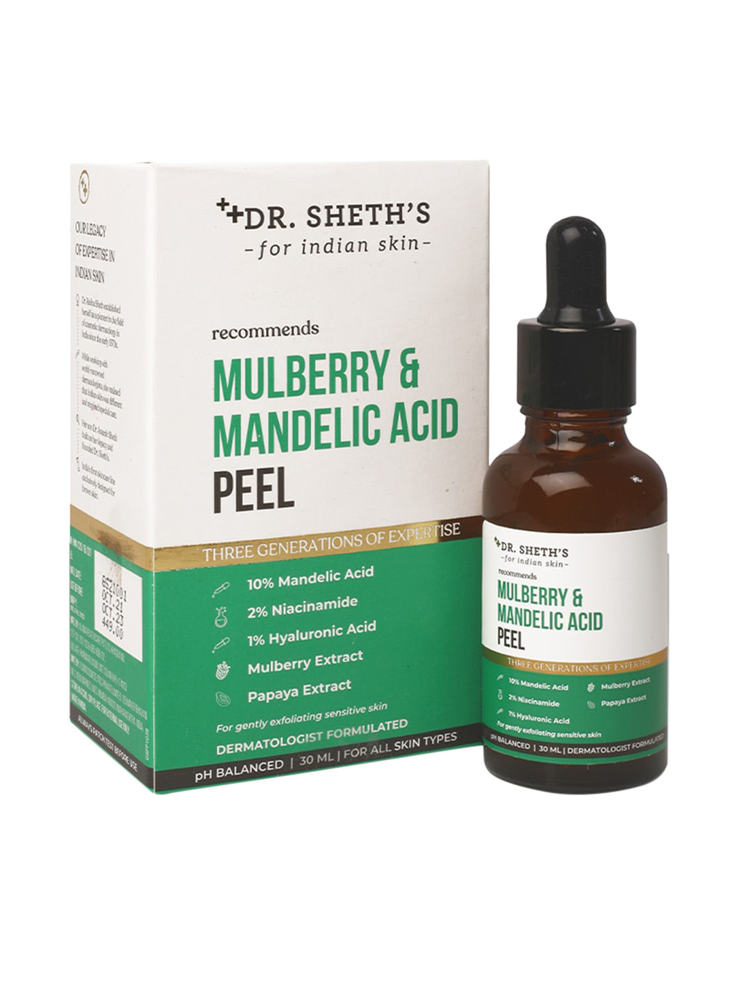 

DR. SHETHS Mulberry & Mandelic Acid Peel with Niacinamide & Hyaluronic Acid - 30ml, Green