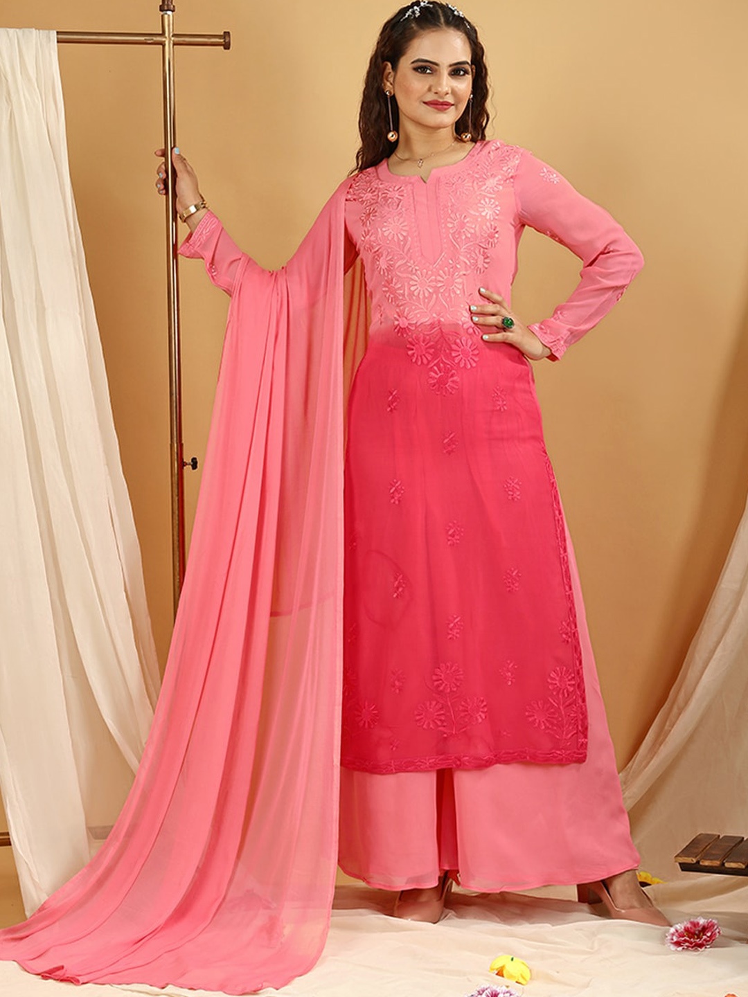

Virah Fashion Floral Embroidered Straight Kurta with Palazzos & Dupatta, Pink