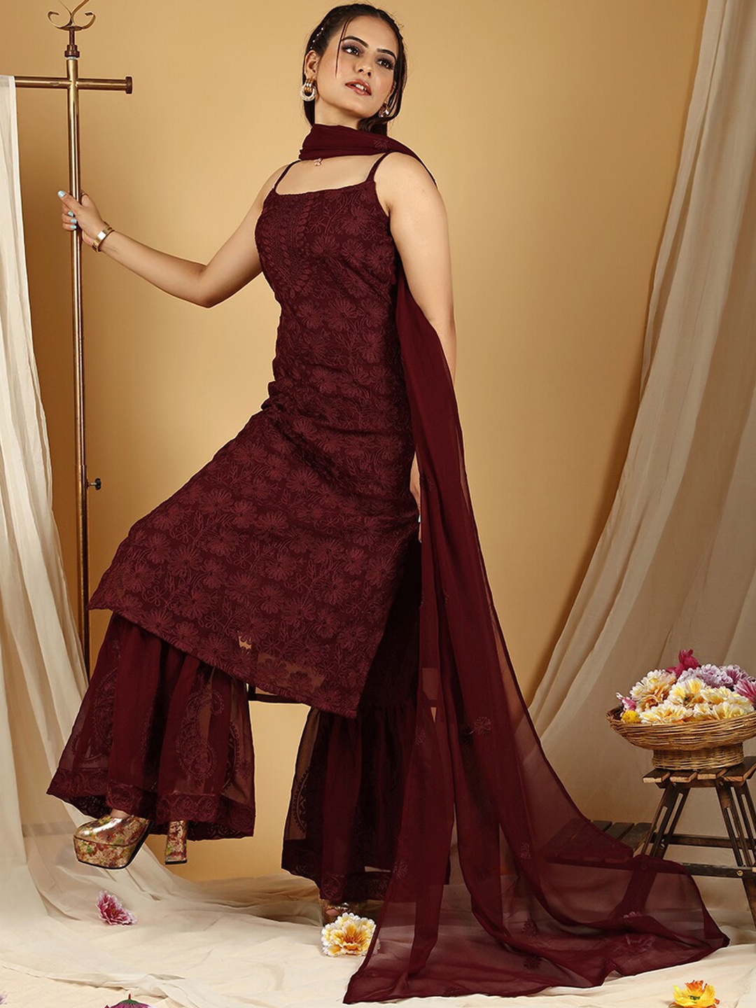 

Virah Fashion Floral Embroidered Regular Thread Work Kurta With Sharara & Dupatta, Coffee brown